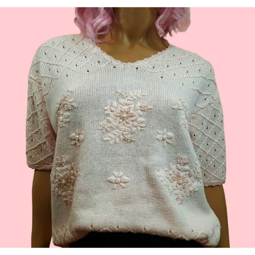 Vintage 80s Pastel Pink Sweater Beaded Floral Short Sleeve Cotton Ramie Size M